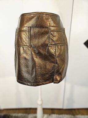 Bronze Metallic Faux-Leather Mini Skirt with Front Pockets
